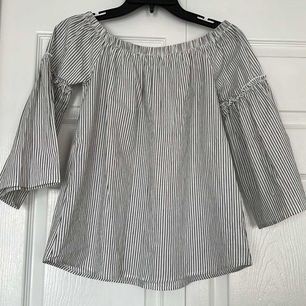 Potter’s Pot Off-the-Shoulder Pin Stripe Rose Appliqué Blouse Size Small - Picture 7 of 9